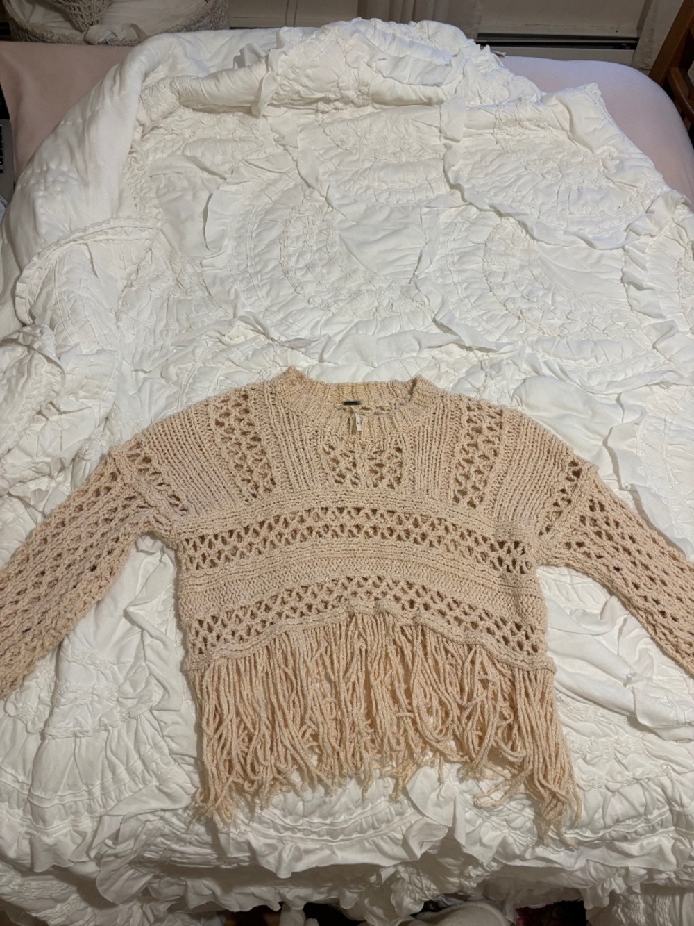 Free People Higher Love Fringed Crochet Sweater